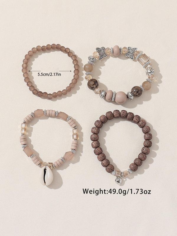 Women's Boho Style Butterfly & Shell & Heart Decor Beaded Bracelet, 4pcs Elegant Vintage Stretch Bracelets, Fashion Jewelry for Daily Wear, Casual Vacation Beach Accessories, Creative Holiday Gifts, without Box