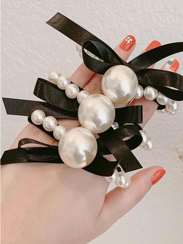 Faux Pearl Bowknot Decorated Hair Ties. Elegant High Stretch Hair Tie for Women & Girls, Minimalist Headwear Suitable for Thick Hair