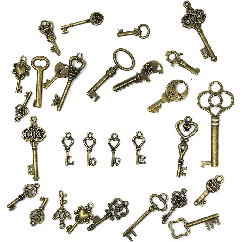 125 Count Vintage Skeleton Key Set Charms, Mixed Antique Style Bronze Brass for Pendant DIY Jewelry Making Wedding Party Favors