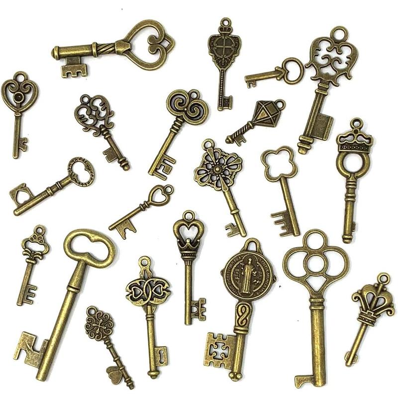 125 Count Vintage Skeleton Key Set Charms, Mixed Antique Style Bronze Brass for Pendant DIY Jewelry Making Wedding Party Favors