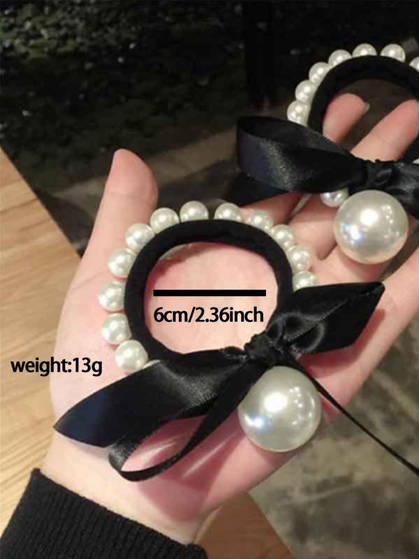 Faux Pearl Bowknot Decorated Hair Ties. Elegant High Stretch Hair Tie for Women & Girls, Minimalist Headwear Suitable for Thick Hair