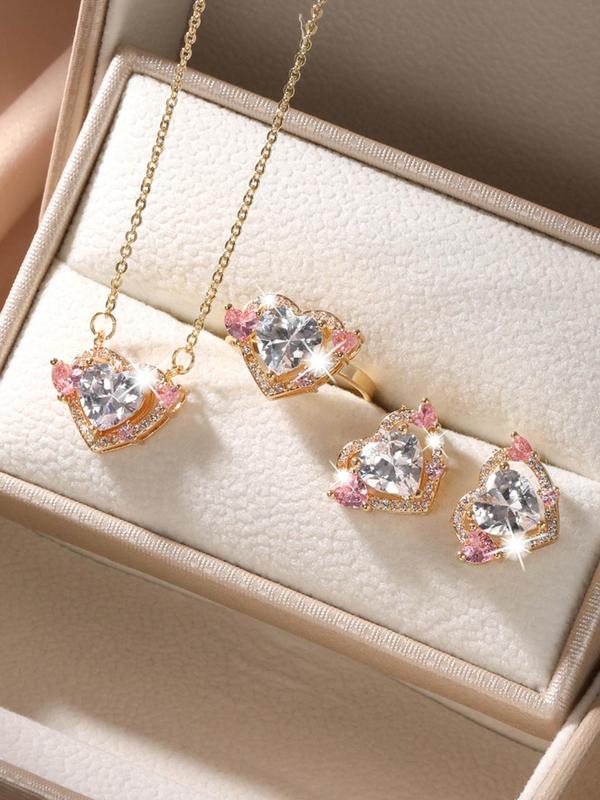 Women's Luxury Fashion Casual Rhinestone Decorated Heart Shaped Necklace & Ring & Earrings, Elegant Jewelry Set for Party, Daily Clothing Decor for Girl