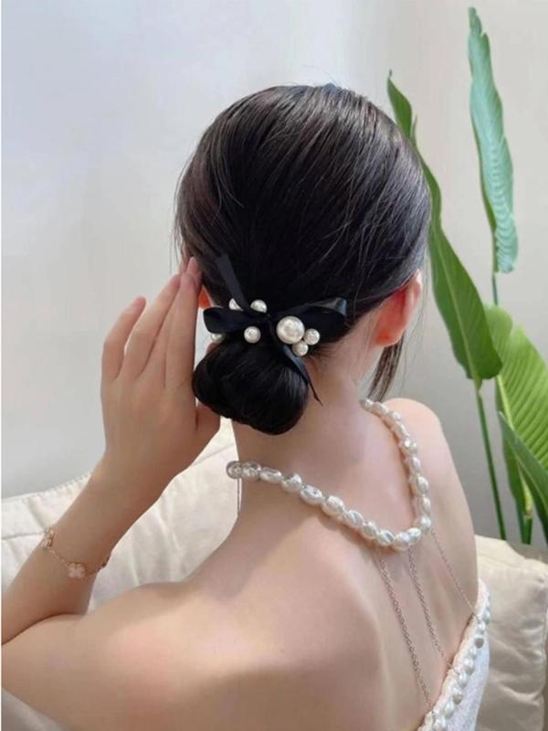 Faux Pearl Bowknot Decorated Hair Ties. Elegant High Stretch Hair Tie for Women & Girls, Minimalist Headwear Suitable for Thick Hair