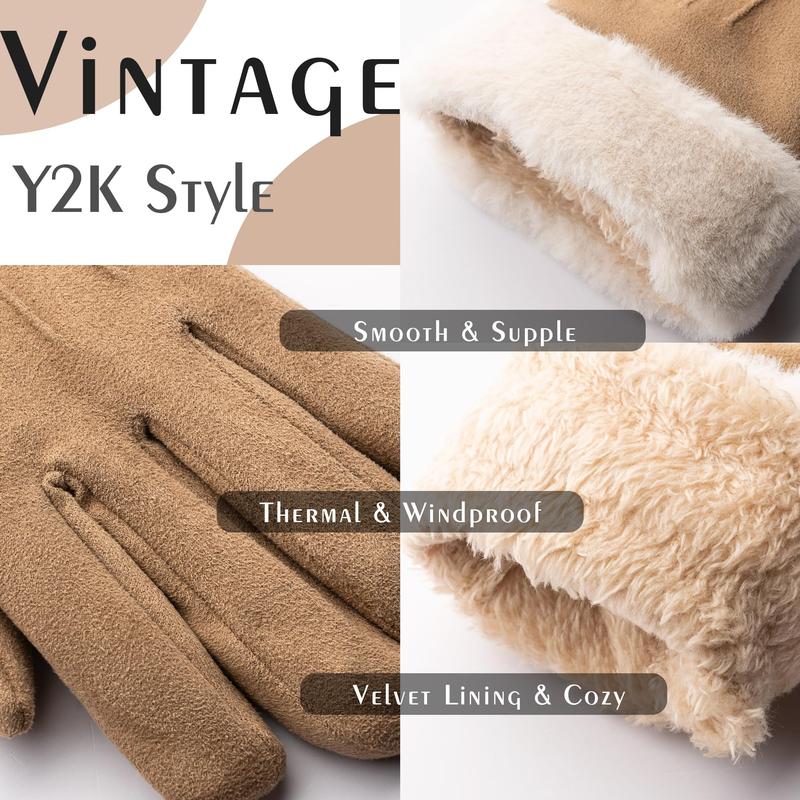 Women Winter Suede Gloves Fur Cuffs Touchscreen Gloves Soft Warm Fleece Lined Gloves for Cold Winter