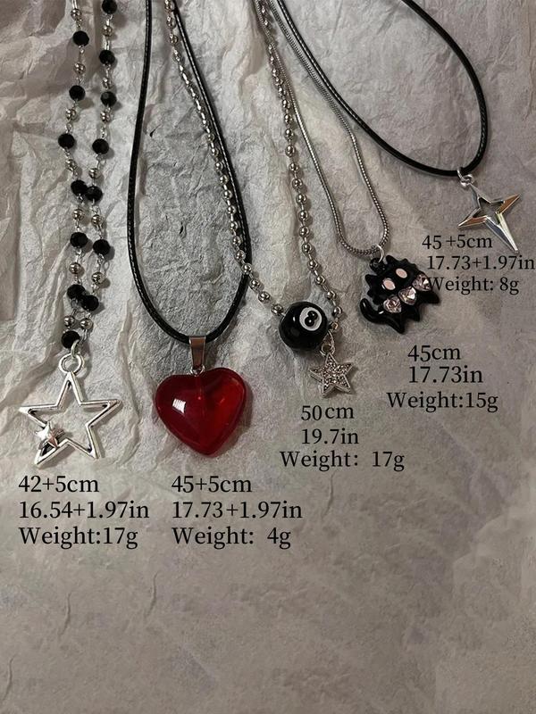 Punk Style Star & Heart & Cat & Beads Design Pendant Necklace Set, Fashion Jewelry for Party, Daily Clothing Decor, Trendy All-match & Exquisite Jewelry for Birthday Gift