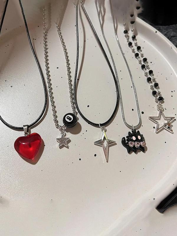 Punk Style Star & Heart & Cat & Beads Design Pendant Necklace Set, Fashion Jewelry for Party, Daily Clothing Decor, Trendy All-match & Exquisite Jewelry for Birthday Gift