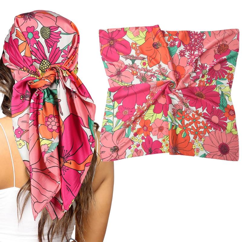 AWAYTR 35” Square Scarf for Women Large Head Scarf Hair Scarf Satin Hair Bandana Printed Silk Feeling Sleeping Head Wrap