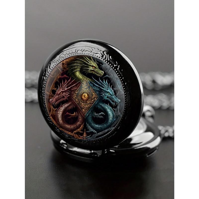 1 count Retro Dragon Quartz Pocket Watch, Cool Black Necklace PocketWatch,Unique Pendant Clock Gift