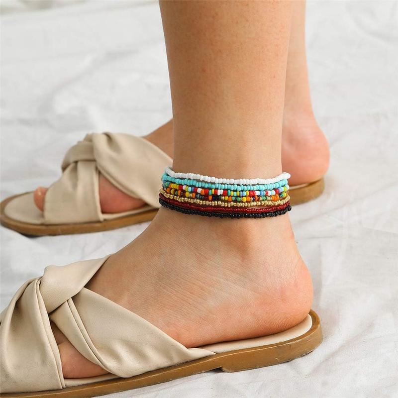 Boho Anklet for Women Teen Girls Handmade Elastic Beaded Ankle Bracelets for Women Summer Foot Jewelry