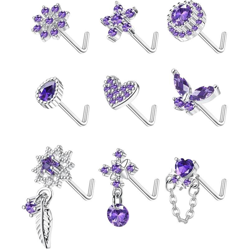 ORAZIO 9 count 20G Nose Rings Studs for Women Stainless Steel Nose Stud L Shaped Cute Dangle Nose Rings Butterfly Heart Star Feather Flower CZ L Shaped Nose Ring Studs Silver Dangling Nose Piercing Jewerly