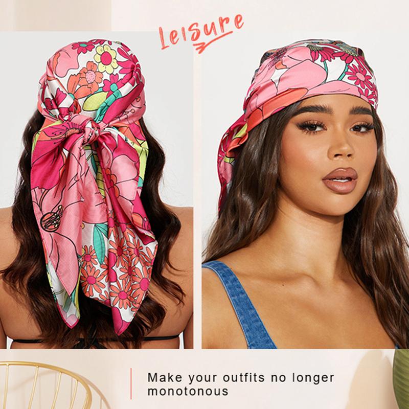 AWAYTR 35” Square Scarf for Women Large Head Scarf Hair Scarf Satin Hair Bandana Printed Silk Feeling Sleeping Head Wrap