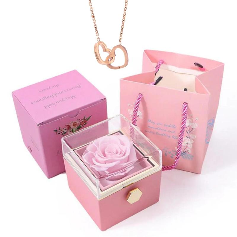 Free 2 Names Engraving Heart Necklace With Eternally Preserved Rotating Rose Box Custom Necklace with rose gift box,Valentine's gift for her