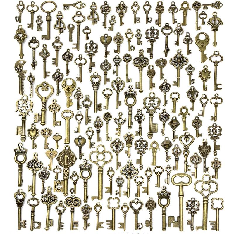 125 Count Vintage Skeleton Key Set Charms, Mixed Antique Style Bronze Brass for Pendant DIY Jewelry Making Wedding Party Favors