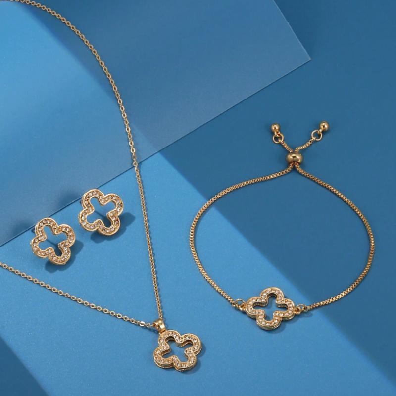 Fashionable Rhinestone Clover Necklace, Earrings and Bracelet Jewelry Set for Women