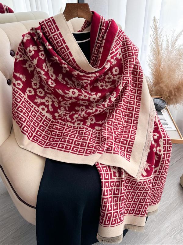 Greek Key Pattern & Ditsy Floral Pattern Two-sided Shawl, Casual Soft Warm Long Scarf for Women & Girls Fashion Accessories for Daily Wear