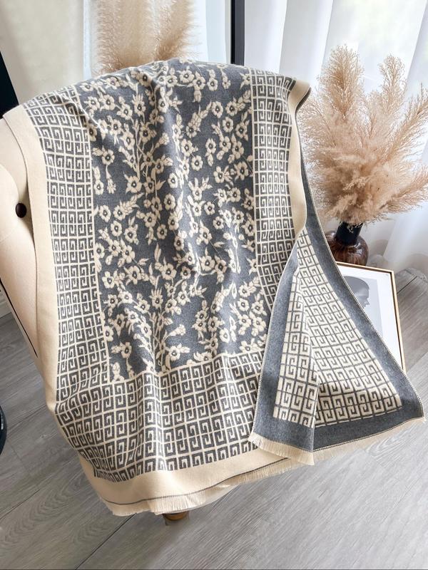 Greek Key Pattern & Ditsy Floral Pattern Two-sided Shawl, Casual Soft Warm Long Scarf for Women & Girls Fashion Accessories for Daily Wear