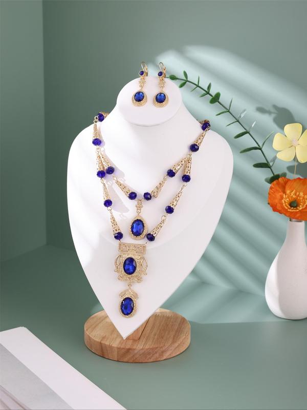 Women's Elegant Artificial Gemstone Decor Jewelry Set, Exquisite Trendy Tiered Layer Design Necklace & Dangle Earrings, Fashionable Jewelry Set for Party Decoration