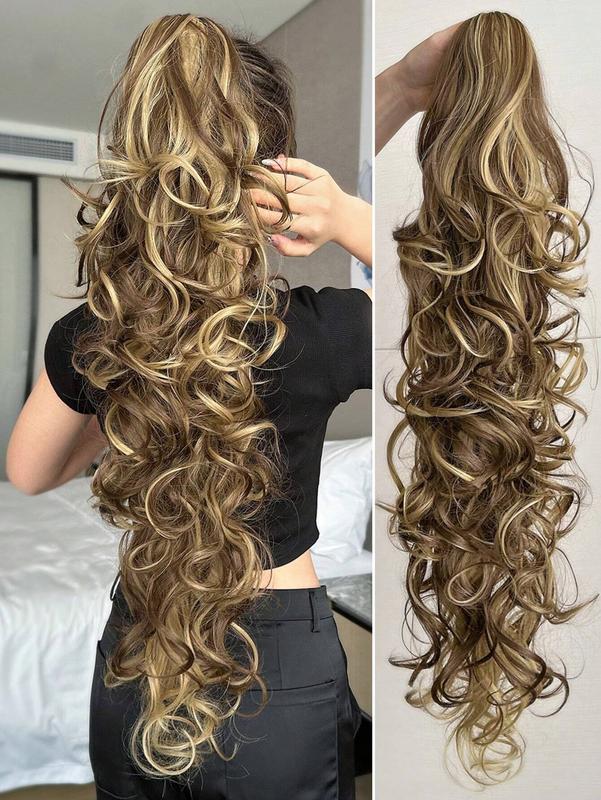 32 Inch Long Body Wave Ponytail Hair Extension - Synthetic Heat Resistant Claw Curly Wavy Hairpiece for Women