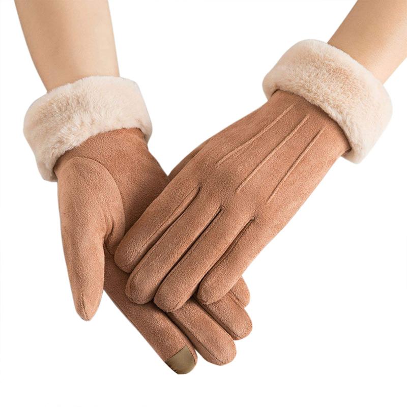 Women Winter Suede Gloves Fur Cuffs Touchscreen Gloves Soft Warm Fleece Lined Gloves for Cold Winter