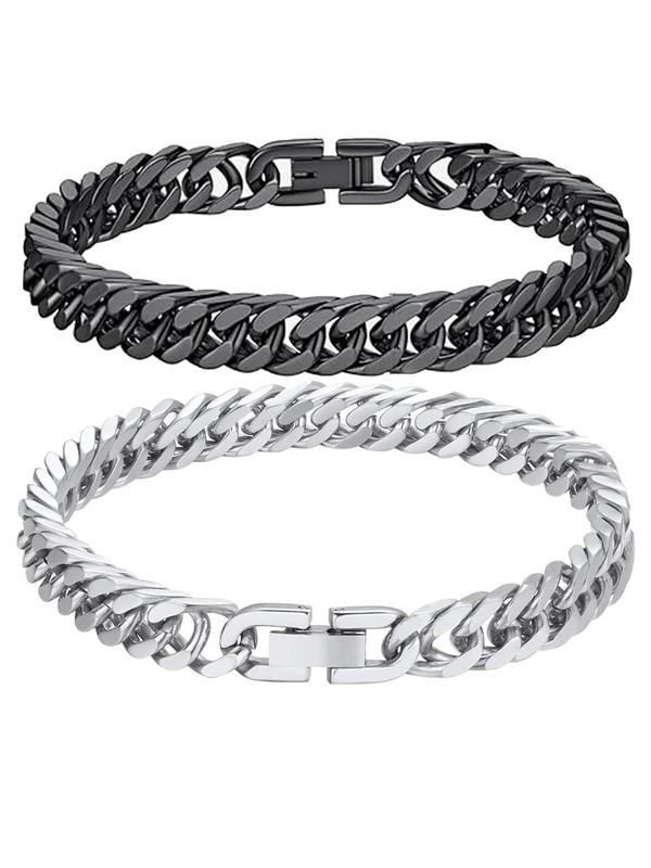 Stainless Steel Couple Chain Bracelet Set, Fashionable Cuban Chain Bracelet for Men & Women, Trendy All-match & Exquisite Jewelry for Birthday Gift