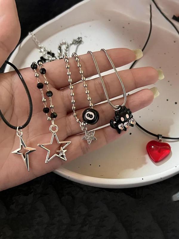 Punk Style Star & Heart & Cat & Beads Design Pendant Necklace Set, Fashion Jewelry for Party, Daily Clothing Decor, Trendy All-match & Exquisite Jewelry for Birthday Gift