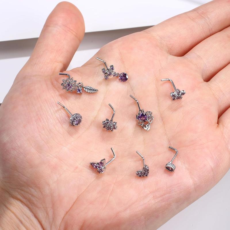 ORAZIO 9 count 20G Nose Rings Studs for Women Stainless Steel Nose Stud L Shaped Cute Dangle Nose Rings Butterfly Heart Star Feather Flower CZ L Shaped Nose Ring Studs Silver Dangling Nose Piercing Jewerly