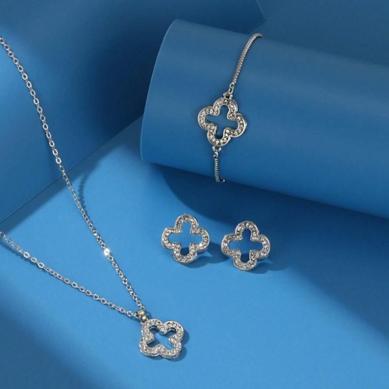 Fashionable Rhinestone Clover Necklace, Earrings and Bracelet Jewelry Set for Women