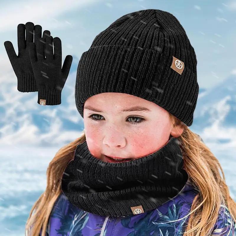 Girls Winter Hat And Gloves Set Cold Weather Hat Scarf Gloves Set Fleece Knit Gloves Thermal Warm Hat Neck Scarf For Traveling