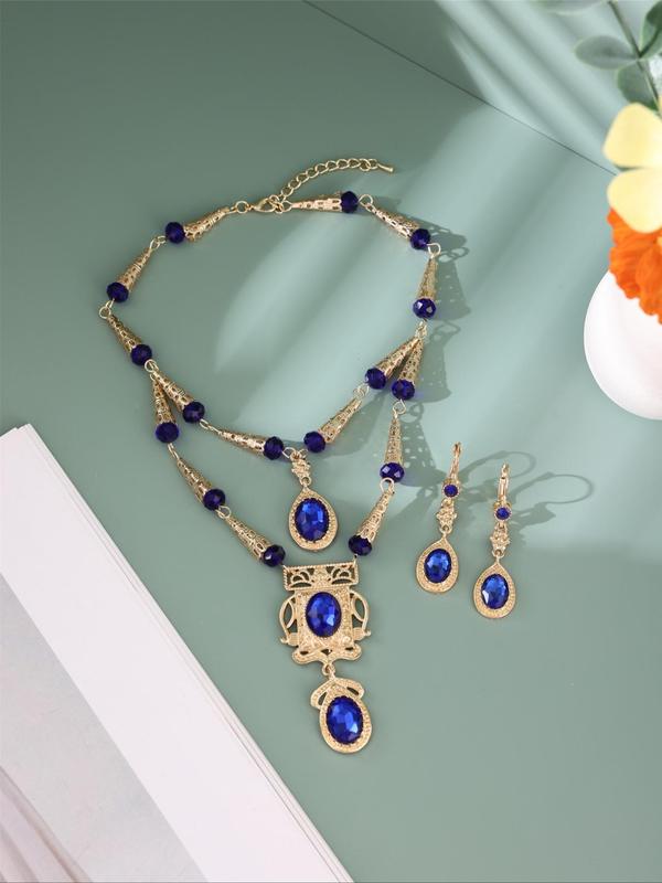 Women's Elegant Artificial Gemstone Decor Jewelry Set, Exquisite Trendy Tiered Layer Design Necklace & Dangle Earrings, Fashionable Jewelry Set for Party Decoration