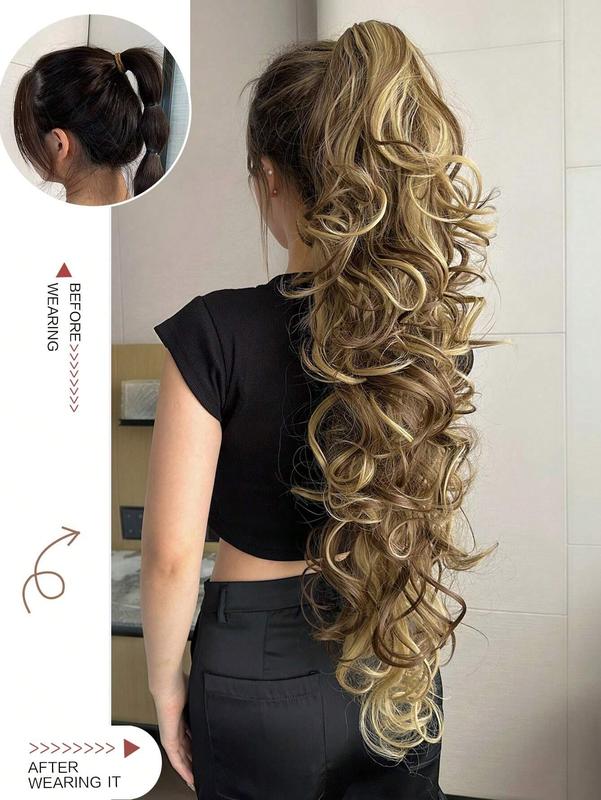 32 Inch Long Body Wave Ponytail Hair Extension - Synthetic Heat Resistant Claw Curly Wavy Hairpiece for Women