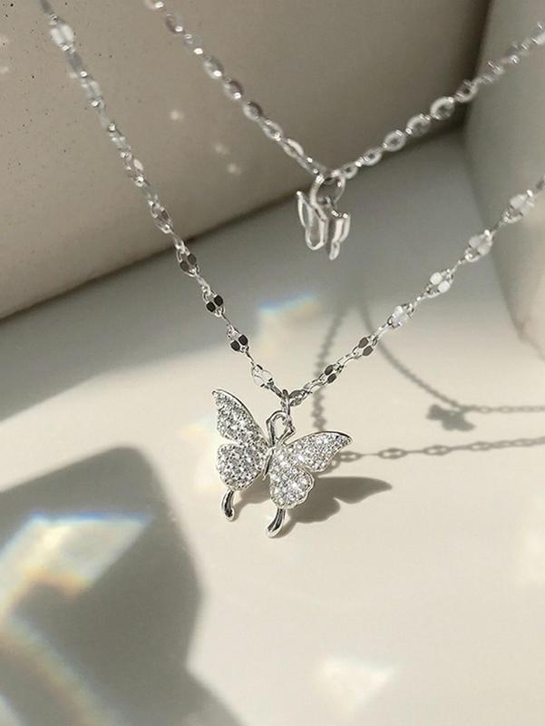 Women's Rhinestone Butterfly Decor Layered Necklace, Casual Alloy Dainty Jewelry for Party, Daily Clothing Decor