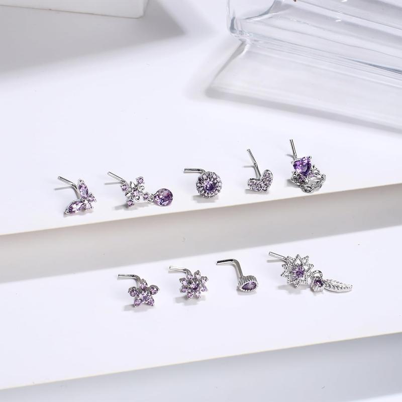 ORAZIO 9 count 20G Nose Rings Studs for Women Stainless Steel Nose Stud L Shaped Cute Dangle Nose Rings Butterfly Heart Star Feather Flower CZ L Shaped Nose Ring Studs Silver Dangling Nose Piercing Jewerly