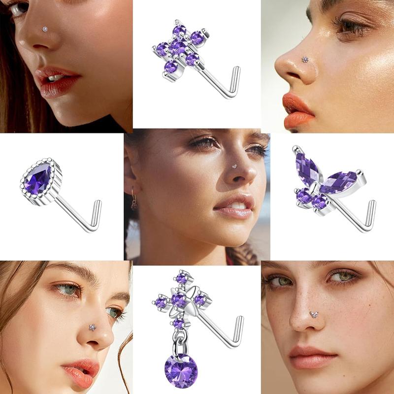 ORAZIO 9 count 20G Nose Rings Studs for Women Stainless Steel Nose Stud L Shaped Cute Dangle Nose Rings Butterfly Heart Star Feather Flower CZ L Shaped Nose Ring Studs Silver Dangling Nose Piercing Jewerly