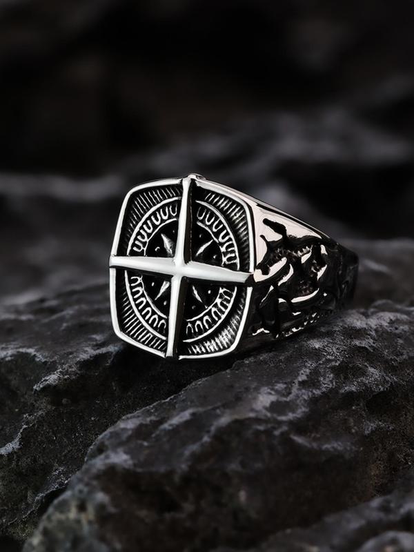 Vintage Style Stainless Steel Compass Decor Ring, Men's Trendy Rings Jewelry for Men, Fashion Accessories for Daily Wearing