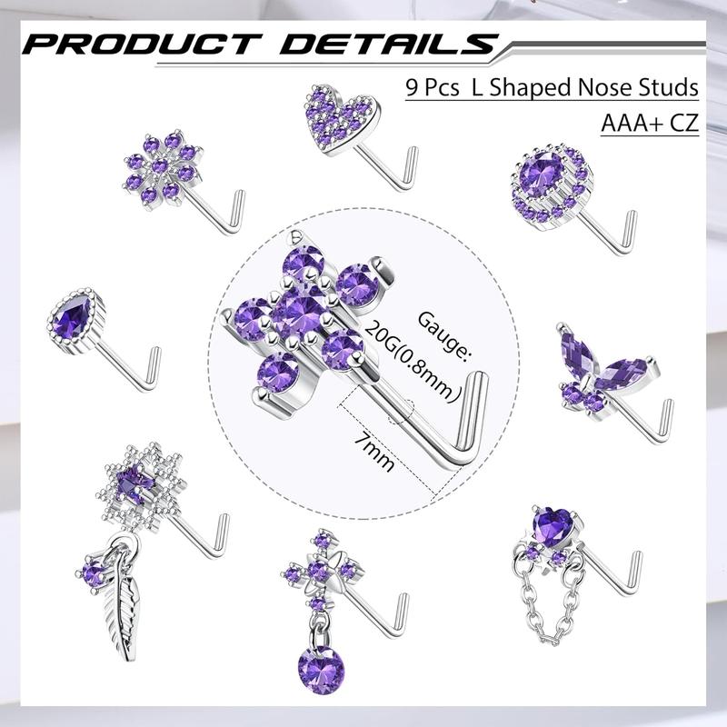 ORAZIO 9 count 20G Nose Rings Studs for Women Stainless Steel Nose Stud L Shaped Cute Dangle Nose Rings Butterfly Heart Star Feather Flower CZ L Shaped Nose Ring Studs Silver Dangling Nose Piercing Jewerly