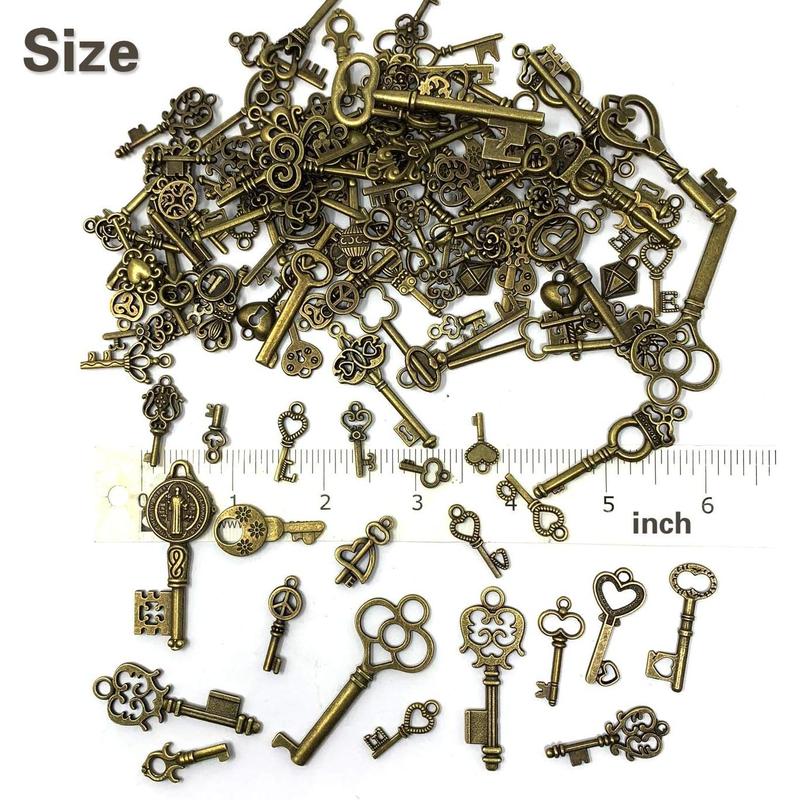 125 Count Vintage Skeleton Key Set Charms, Mixed Antique Style Bronze Brass for Pendant DIY Jewelry Making Wedding Party Favors