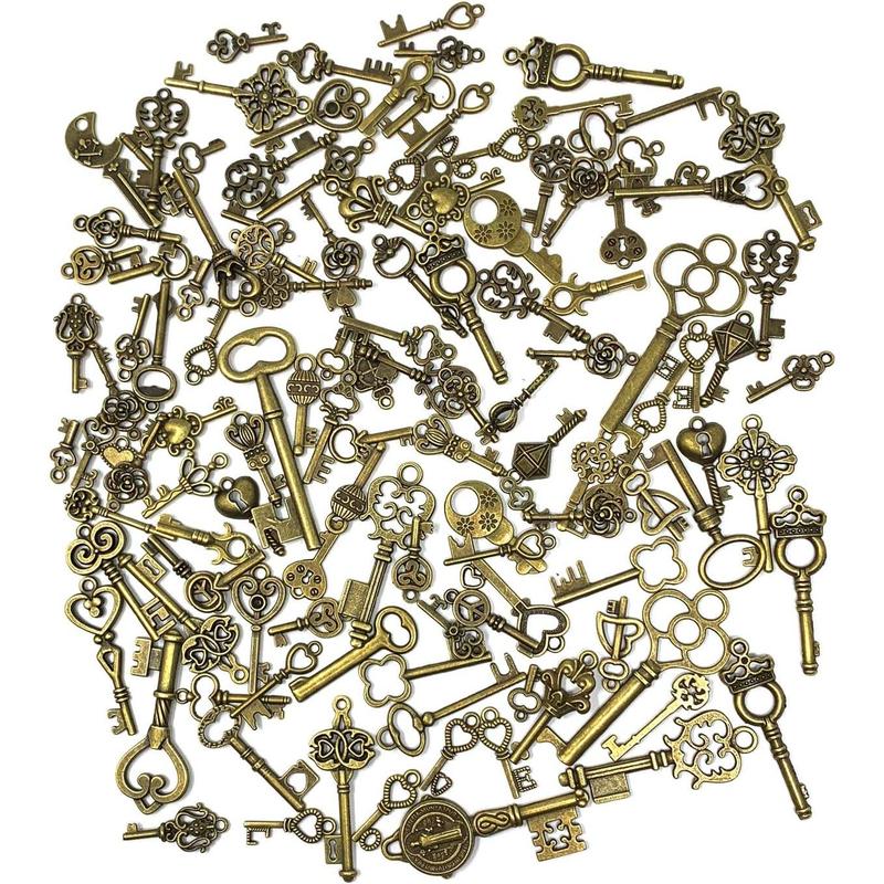 125 Count Vintage Skeleton Key Set Charms, Mixed Antique Style Bronze Brass for Pendant DIY Jewelry Making Wedding Party Favors