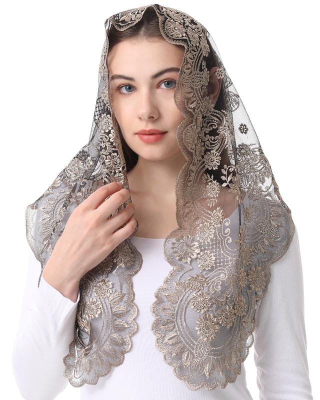 Bozidol Spanish Style Catholic Mass Mantillas Veil for Prayer Floral Orthodox Head Coverings Shawl Chapel Veils