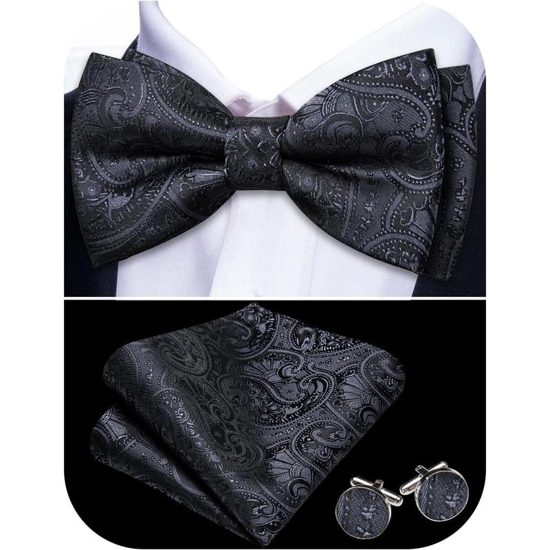 Men Bow Tie Set Stripe Silk Pre-Tied Bowtie Pocket Square Cufflinks Formal Wedding Party Prom