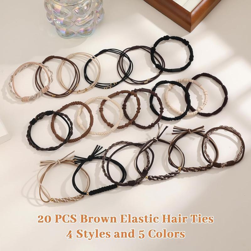 20 PCS Boho Hair Ties, Bracelets for Thick or Thin Hair, 5 Styles Ponytail Holders, No-Damage, Neutral Color