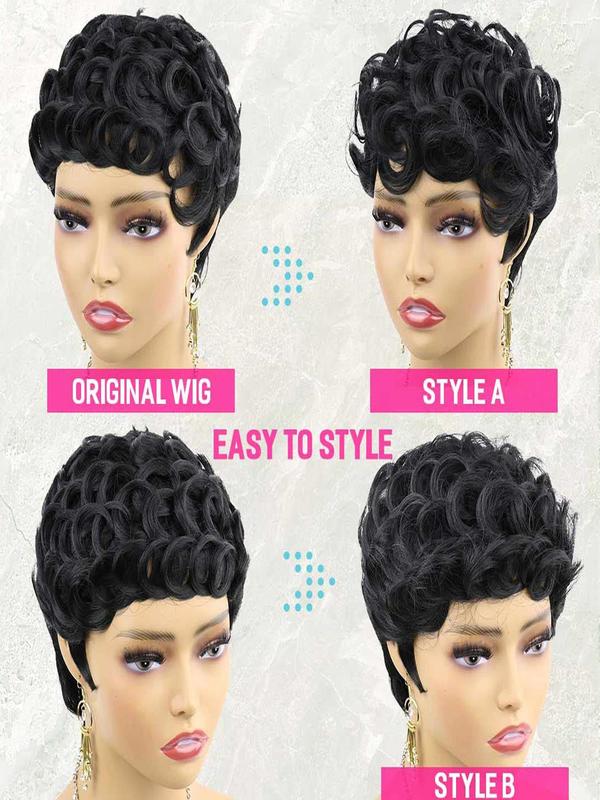 Women's Natural Black Short Pixie Cut Wigs with Bangs, Striking Layered Curly Synthetic Wigs for Party, Daily Use, Anime Cosplay Hairstyle Idea