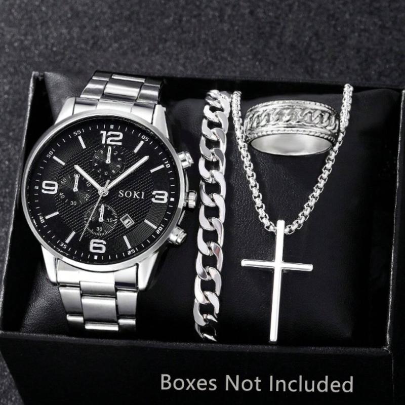 Fashionable 4pcs Men's Quartz Watch Set With Calendar Function - Non-Waterproof Black Zinc Alloy Case & Bracelet, Round Dial, Electronic Drive & Pointer Display, Including Cross Pendant Necklace & Ring Ideal Birthday Gift For Him (No Box)