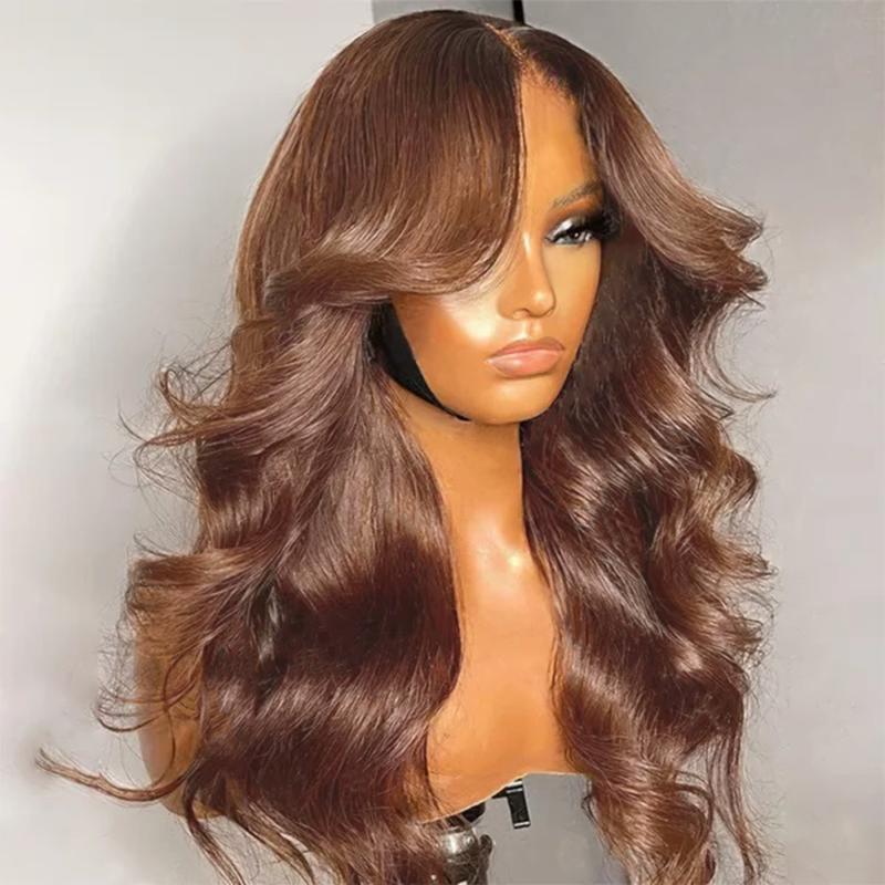 Tunfine Curtain Bangs Face-Framing Body Wave Human Hair Wigs Chocolate Brown Ready To Go Glueless Wigs For Women 6x9 Lace Pre-Plucked Hairline Pre-Cut Lace 200% Density Black Friday 2024