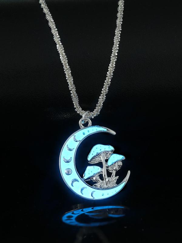 Street Style Moon & Mushroom Design Pendant Necklace, Fashion Luminous Charm Necklace for Party, Daily Decor, Trendy All-match & Exquisite Jewelry for Birthday Gift