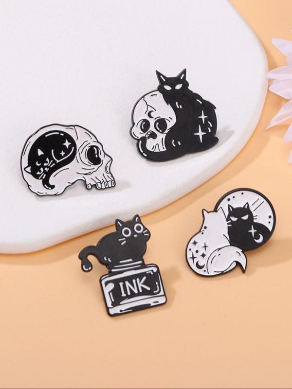 Cute Cartoon Animal & Skull Design Brooch, 4 Counts Fashion Alloy Accessories for Women & Men, Trendy Accessories for Party and Daily Life