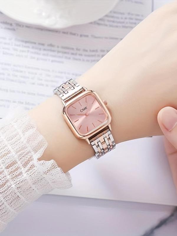 Women's Elegant Geometric Dial Quartz Watch, Fashionable Stainless Steel Strap Wristwatch for Women & Girls, Trendy All-match Watch for Birthday Gift without Box