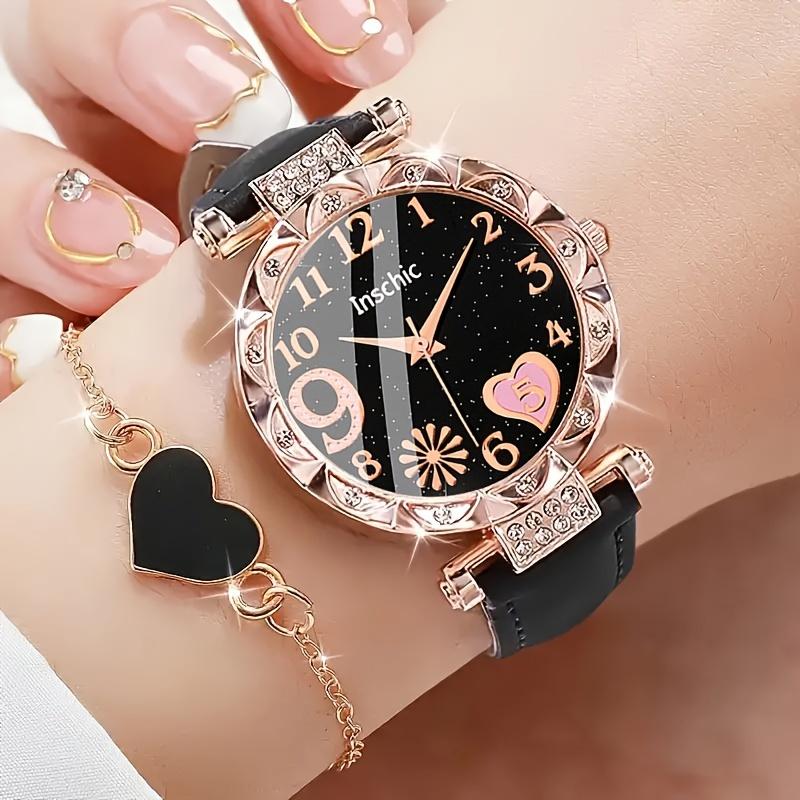 2pcs Elegant Set: Sparkling Heart-Shaped Quartz Watch with Durable Faux Leather Band - Wrist Watches for Women, Perfect Valentine's Day Gift, Romantic Jewelry Accessory with Matching Heart-Shaped Bracelet