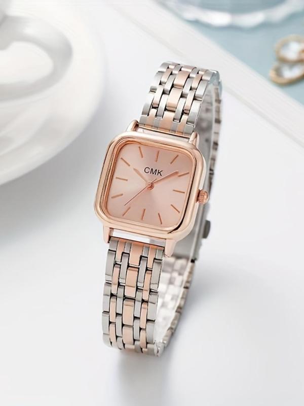 Women's Elegant Geometric Dial Quartz Watch, Fashionable Stainless Steel Strap Wristwatch for Women & Girls, Trendy All-match Watch for Birthday Gift without Box