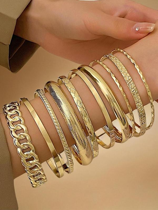 Vintage Boho Style Wide Bangles Set, 10pcs set Personalized Fashion Irregular Bangles, Casual Versatile Accessories for Parties, Daily Outfit Decoration