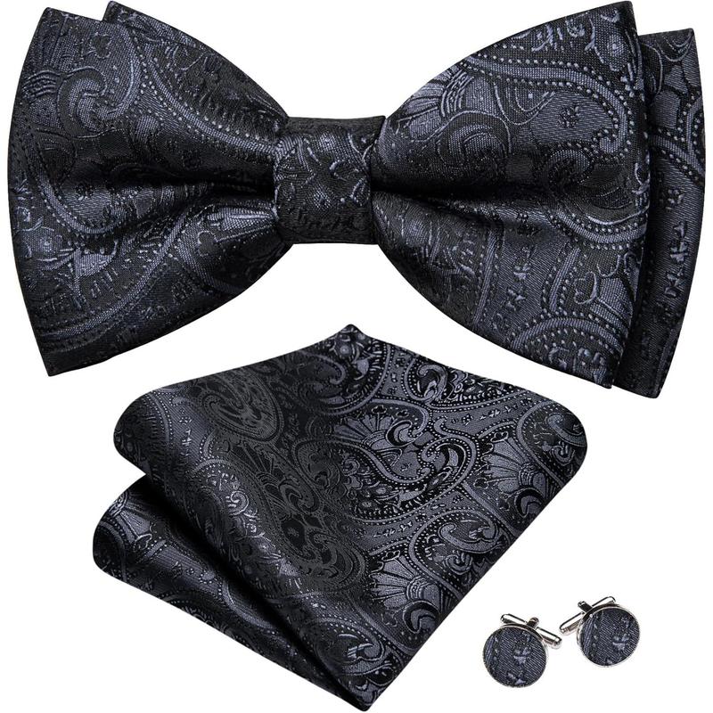 Men Bow Tie Set Stripe Silk Pre-Tied Bowtie Pocket Square Cufflinks Formal Wedding Party Prom